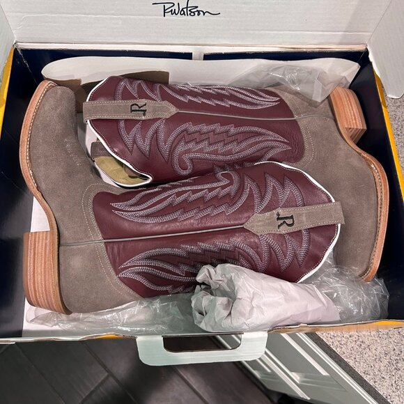 R. Watson Womens Cowboy Boots 9.5B Charcoal Roughout Dark Cherry Cowhide NEW - Picture 2 of 8